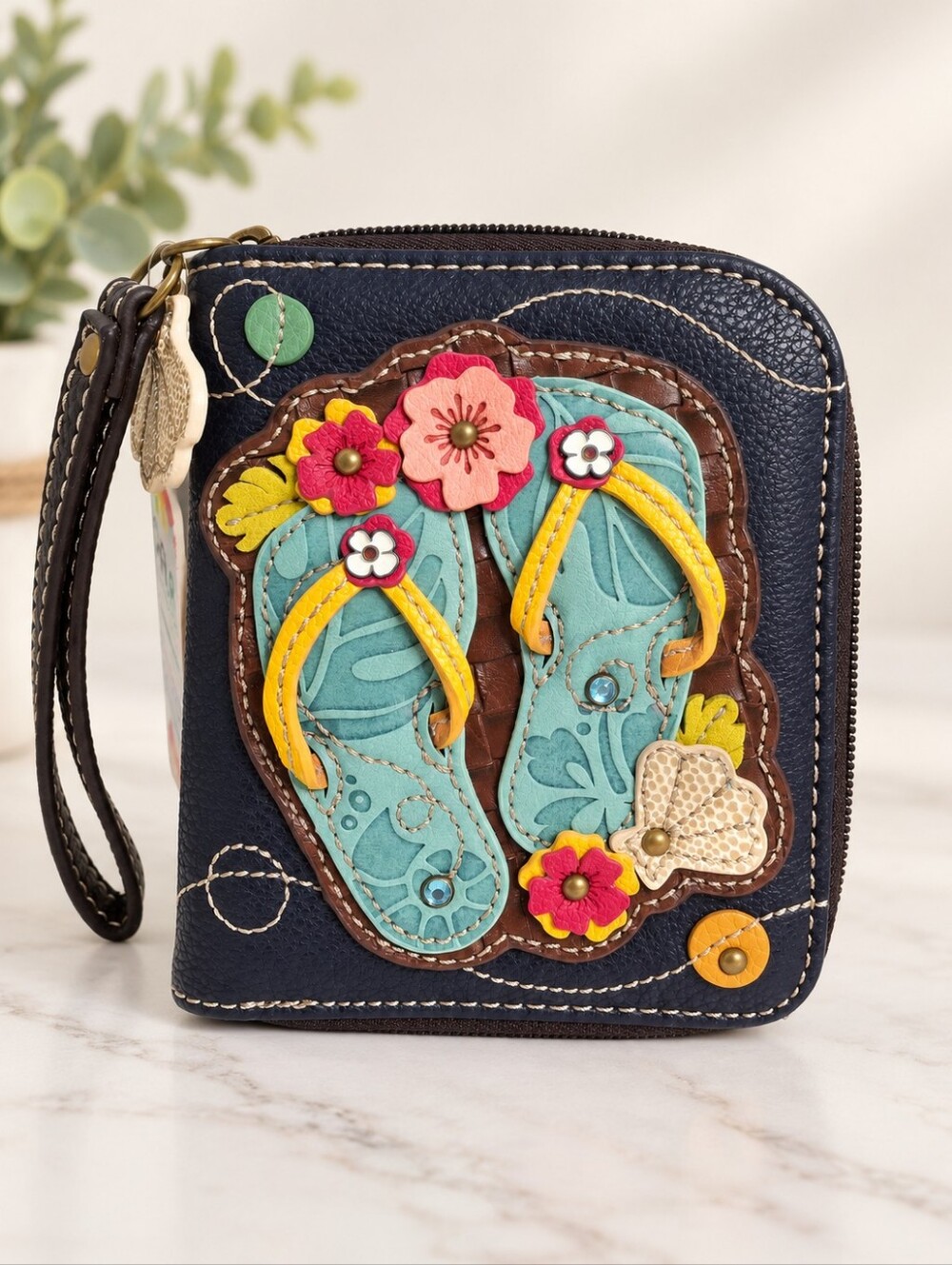 Chala Flip Flops Zip Around Wallet Wristlet Navy Floral NWT